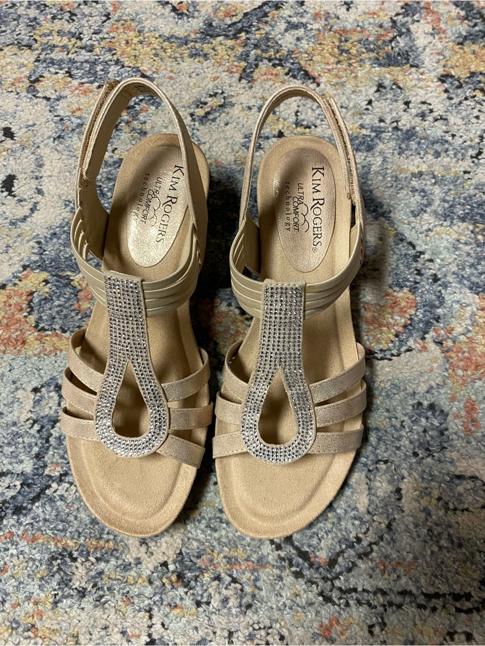 Kim Rogers Beige/Tan Rhinestone T-Strap Slingback Sandals
